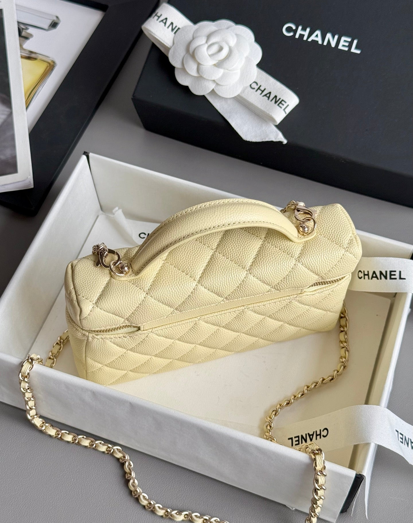Yellow Caviar Leather Top Handle Vanity Bag - Level 5