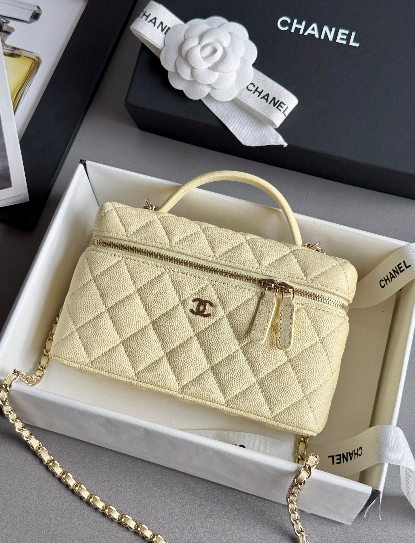 Yellow Caviar Leather Top Handle Vanity Bag - Level 5