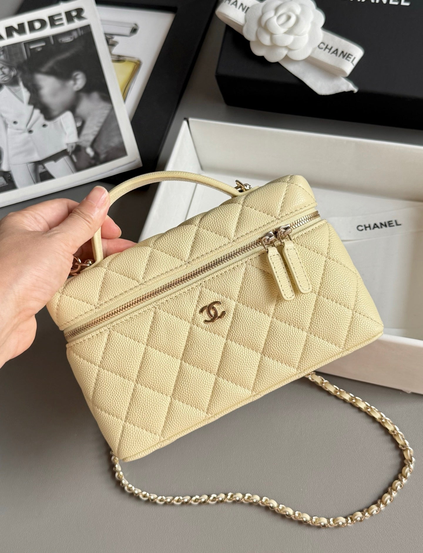 Yellow Caviar Leather Top Handle Vanity Bag - Level 5
