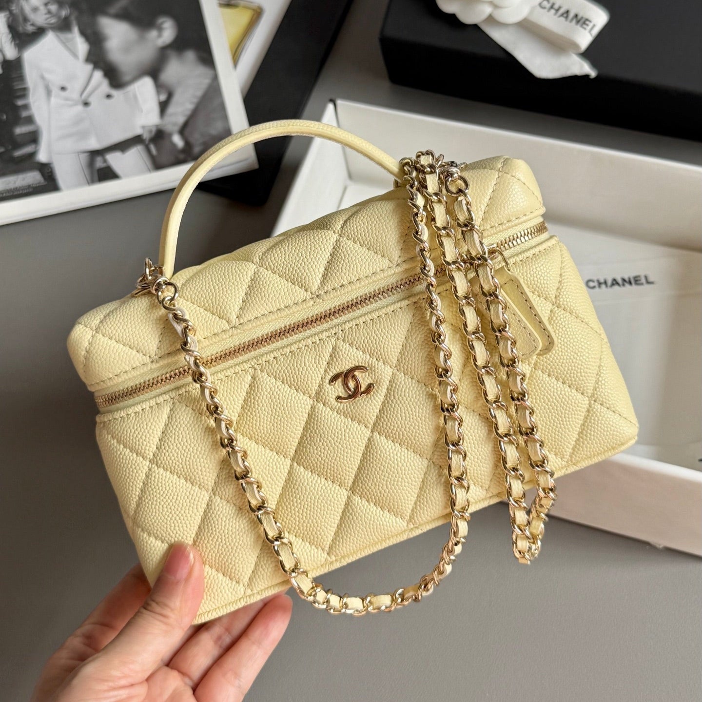 Yellow Caviar Leather Top Handle Vanity Bag - Level 5