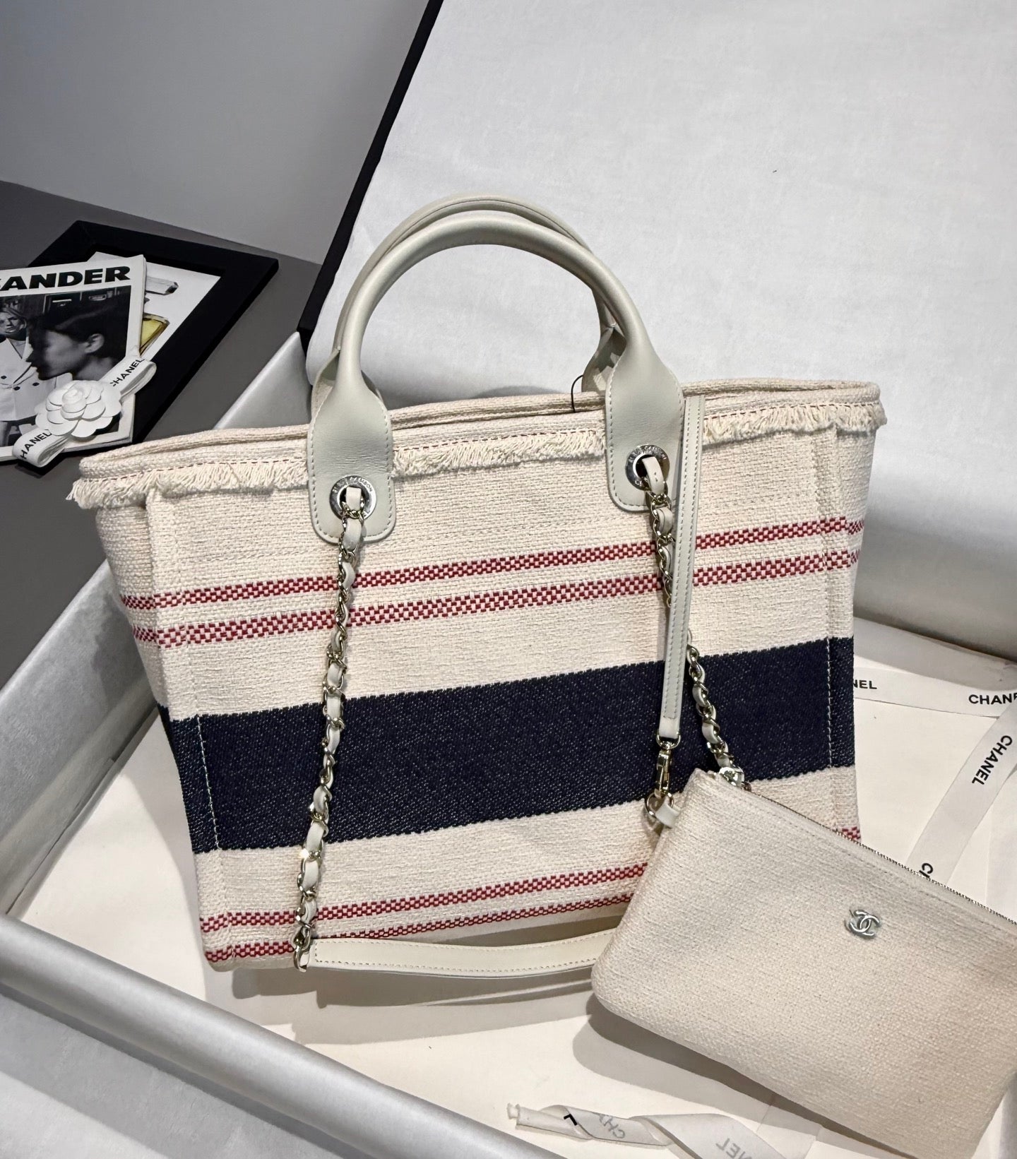 Medium White Striped Canvas Deauville Tote Bag - Level 5