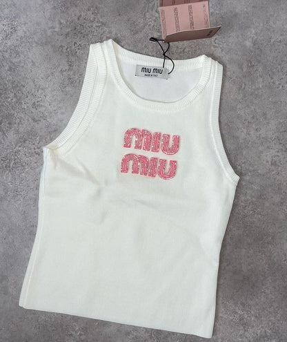 Beaded Embroidery Ribbed Cotton Tank Top