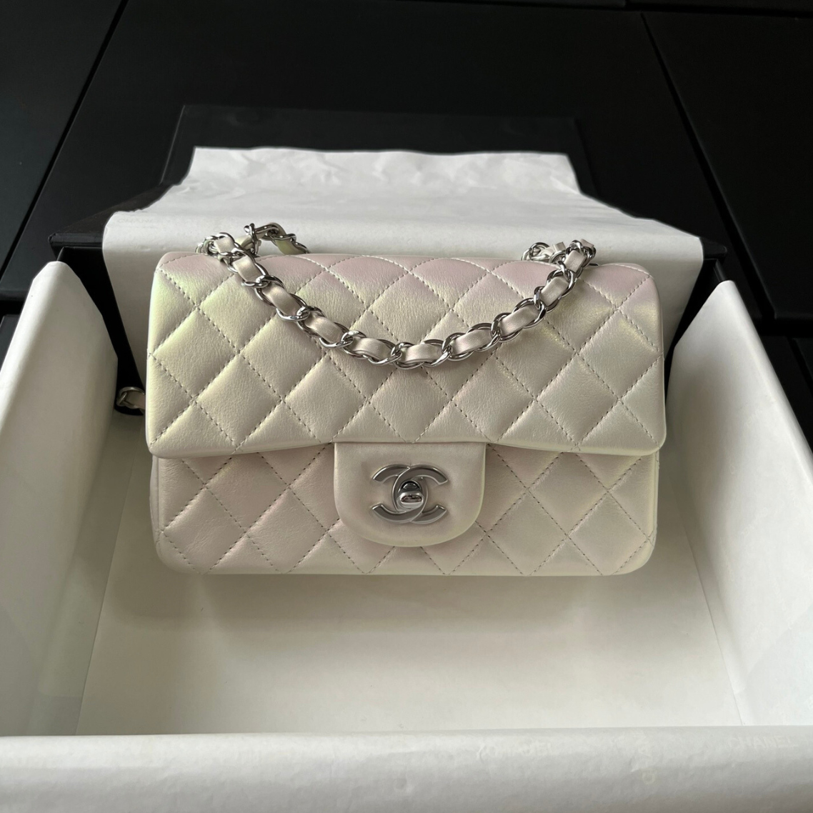 Pearl Iridescent Lambskin Mini Flap Bag CNL - Level X