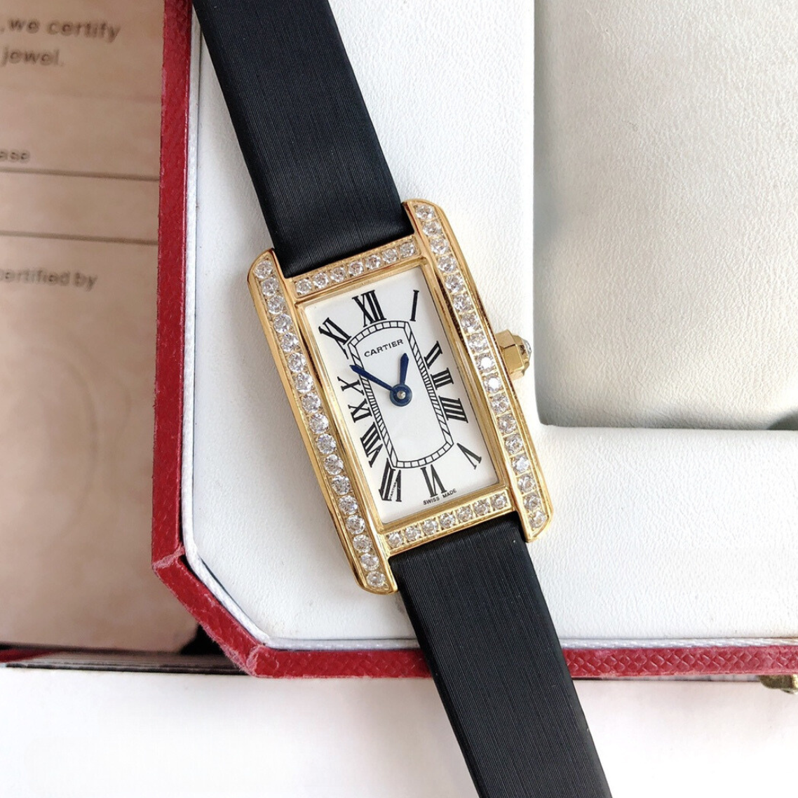 Ladies Tank Americaine Crystal Gold Black Leather Strap Watch CTR - Level 3