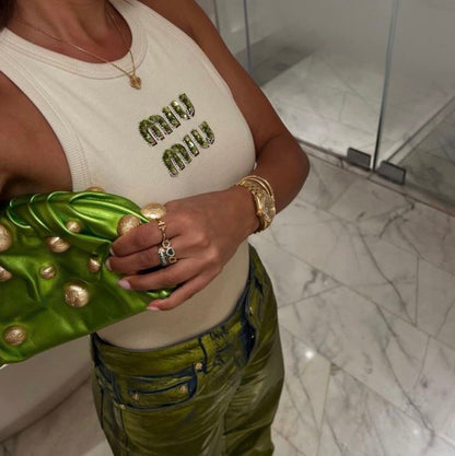 Beaded Embroidery Ribbed Cotton Tank Top