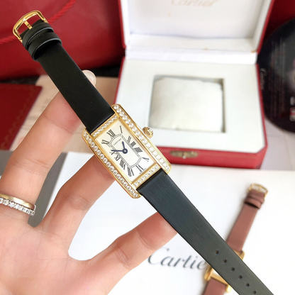 Ladies Tank Americaine Crystal Gold Black Leather Strap Watch CTR - Level 3