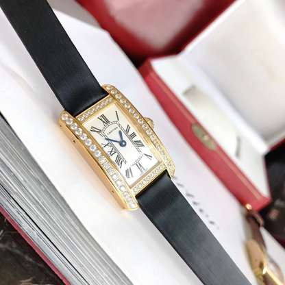 Ladies Tank Americaine Crystal Gold Black Leather Strap Watch CTR - Level 3