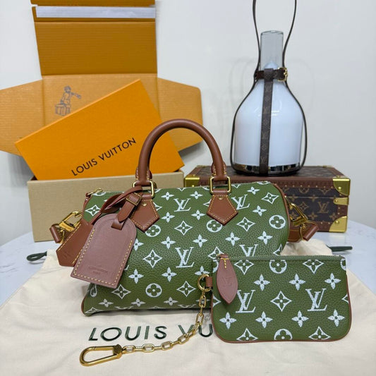 P9 Speedy 25 Bandouliere Green & Brown Leather - Level 5