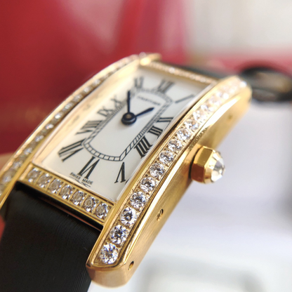 Ladies Tank Americaine Crystal Gold Black Leather Strap Watch CTR - Level 3