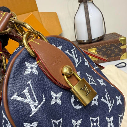 P9 Speedy 25 Bandouliere Blue & Brown Leather - Level 5