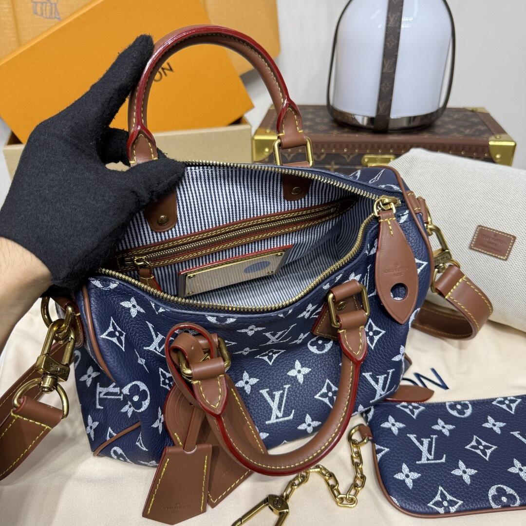 P9 Speedy 25 Bandouliere Blue & Brown Leather - Level 5