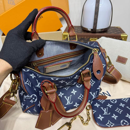 P9 Speedy 25 Bandouliere Blue & Brown Leather - Level 5