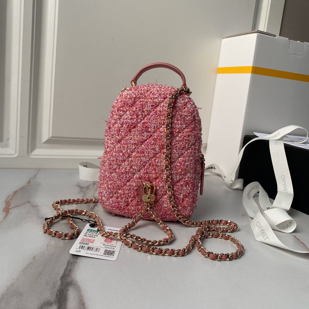 Pink Tweed Top Handle Mini Backpack - Level 5