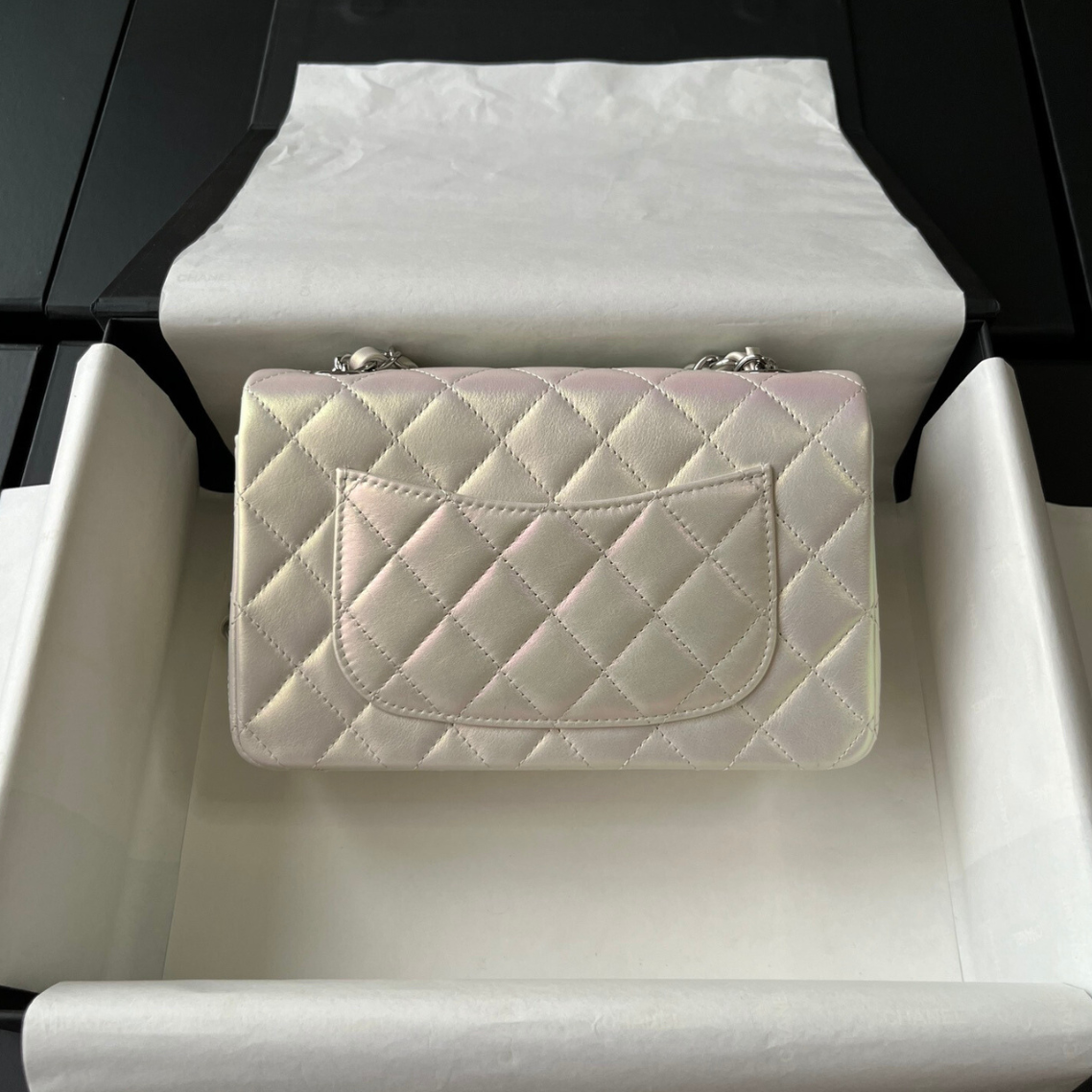 Pearl Iridescent Lambskin Mini Flap Bag CNL - Level X