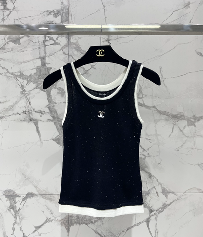 Rhinestone Contrast Knit Tank Top