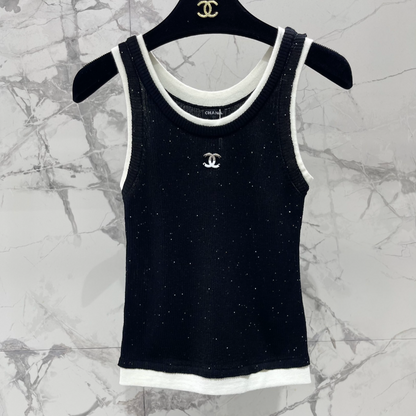 Rhinestone Contrast Knit Tank Top