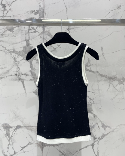 Rhinestone Contrast Knit Tank Top