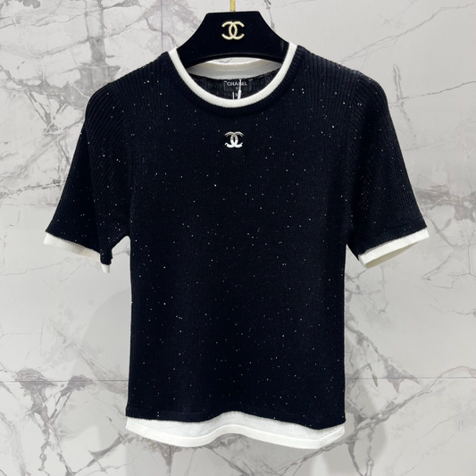 Rhinestone Contrast Knit T Shirt