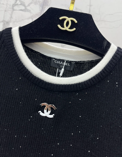 Rhinestone Contrast Knit T Shirt