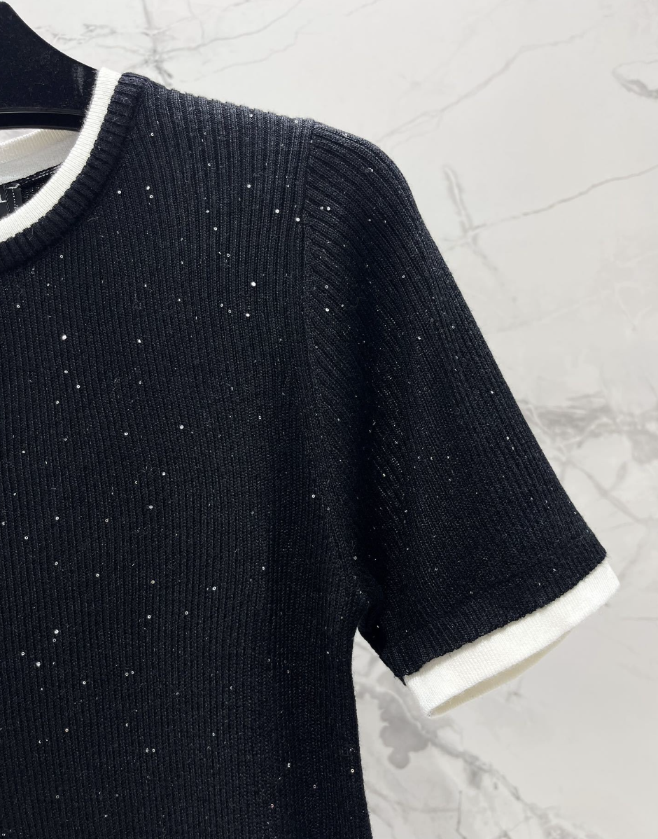 Rhinestone Contrast Knit T Shirt