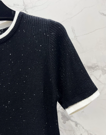 Rhinestone Contrast Knit T Shirt