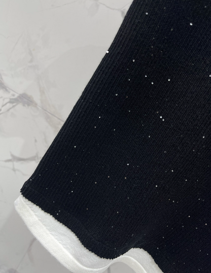 Rhinestone Contrast Knit T Shirt
