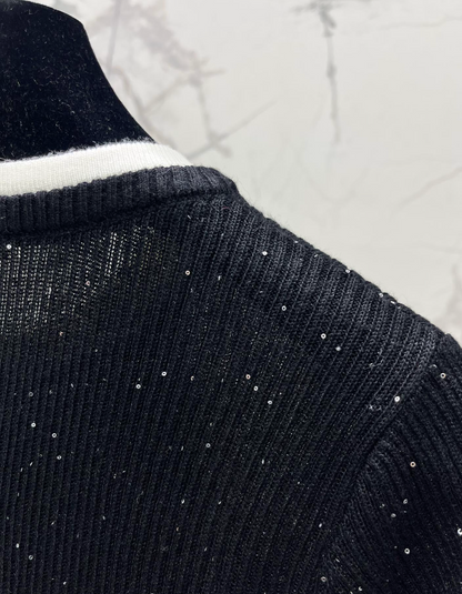 Rhinestone Contrast Knit T Shirt
