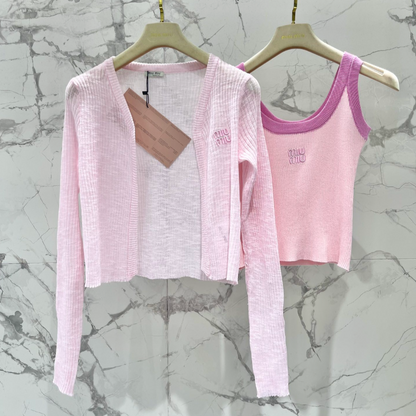 Pink Knit Tank Top Sheer Cardigan Set