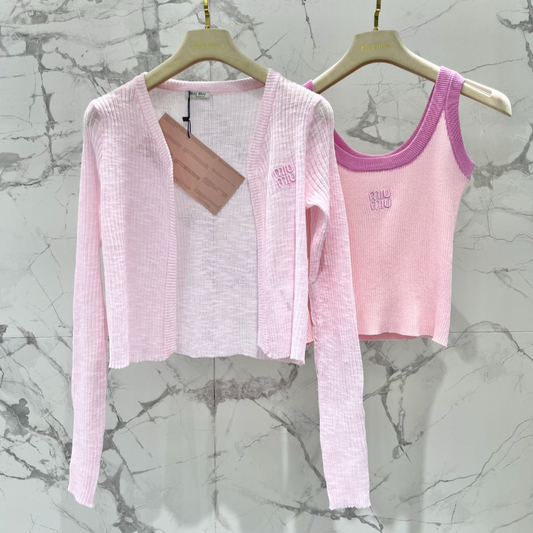 Pink Knit Tank Top Sheer Cardigan Set