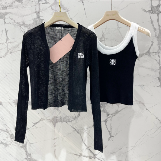 Black Knit Tank Top Sheer Cardigan Set