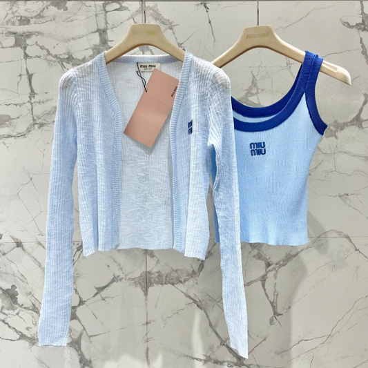 Blue Knit Tank Top Sheer Cardigan Set