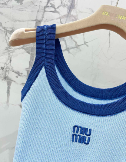 Blue Knit Tank Top Sheer Cardigan Set