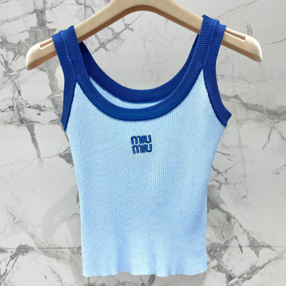 Blue Knit Tank Top Sheer Cardigan Set