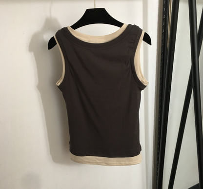 Brown Contrast Knit Tank Top