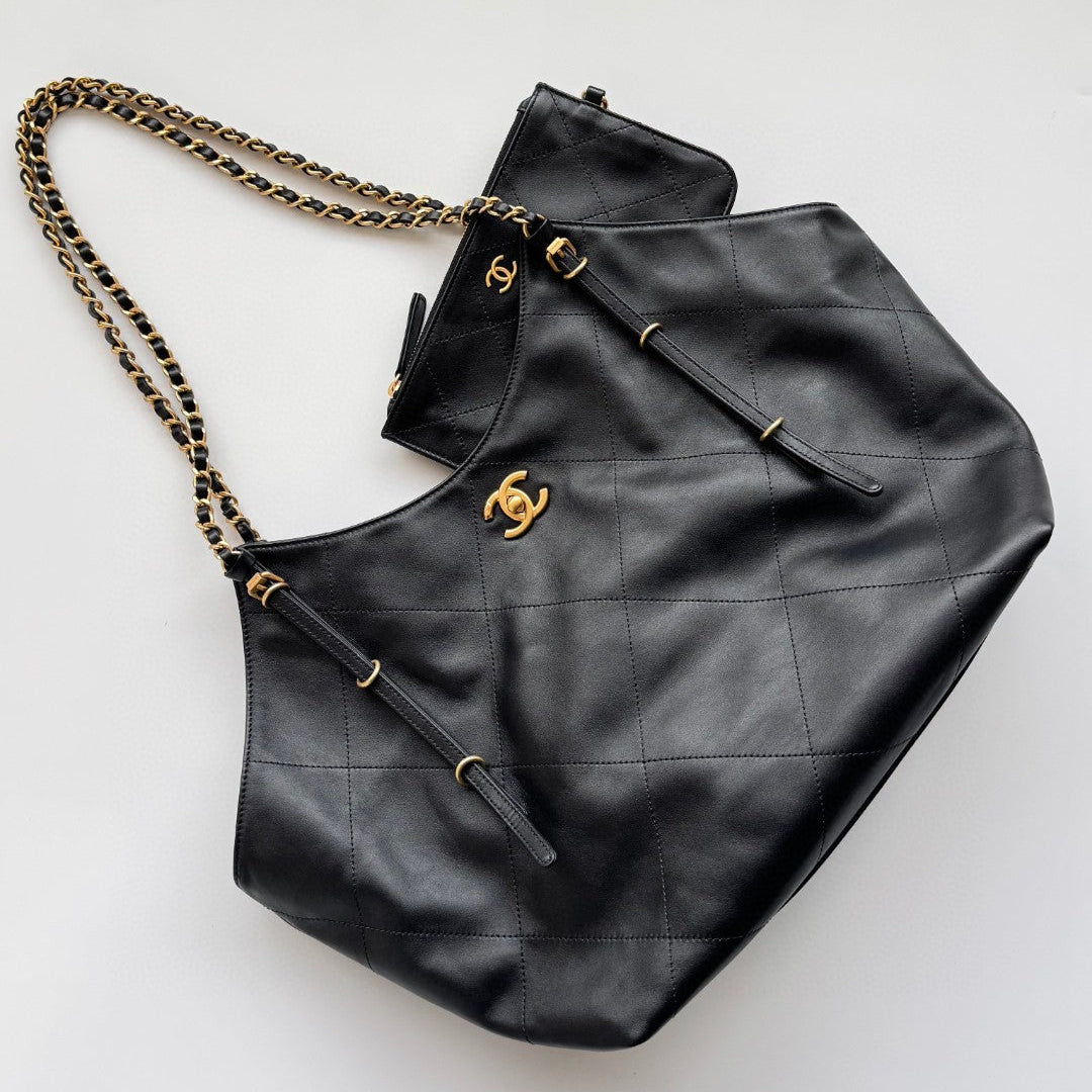 Black Leather Maxi Shopping Tote Bag - Level 5