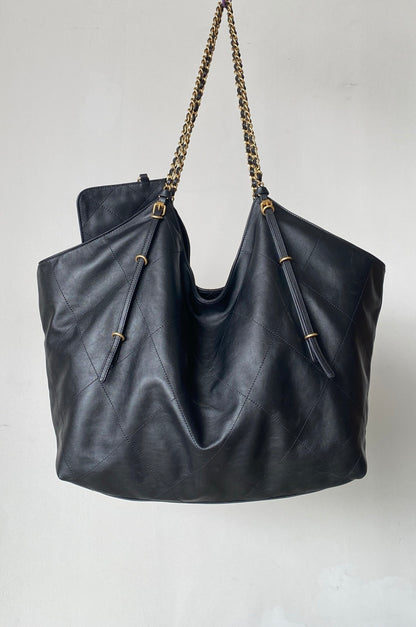 Black Leather Maxi Shopping Tote Bag - Level 5