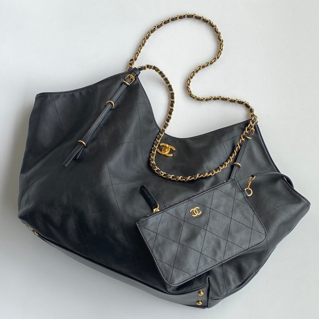 Black Leather Maxi Shopping Tote Bag - Level 5