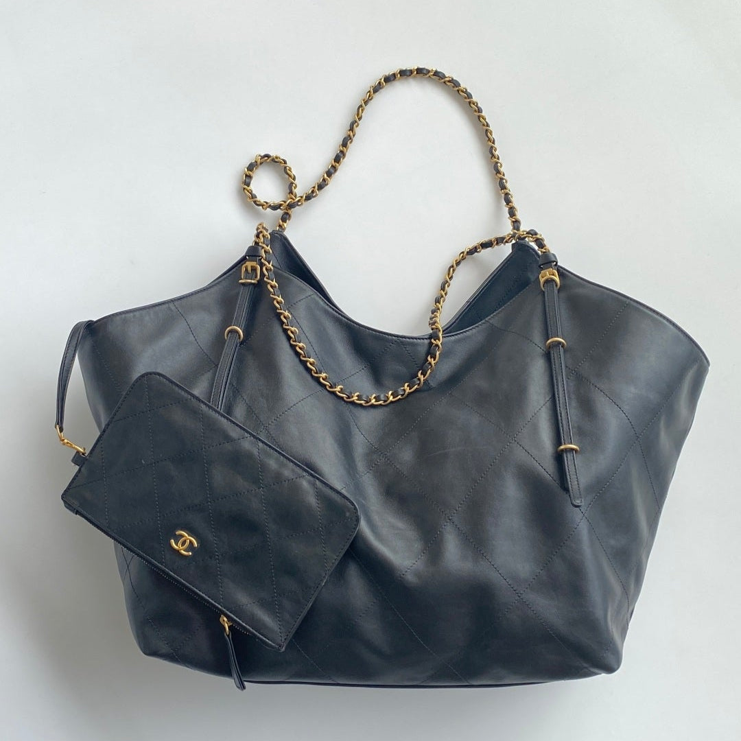 Black Leather Maxi Shopping Tote Bag - Level 5