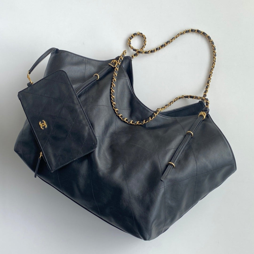 Black Leather Maxi Shopping Tote Bag - Level 5