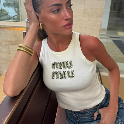 Beaded Embroidery Ribbed Cotton Tank Top
