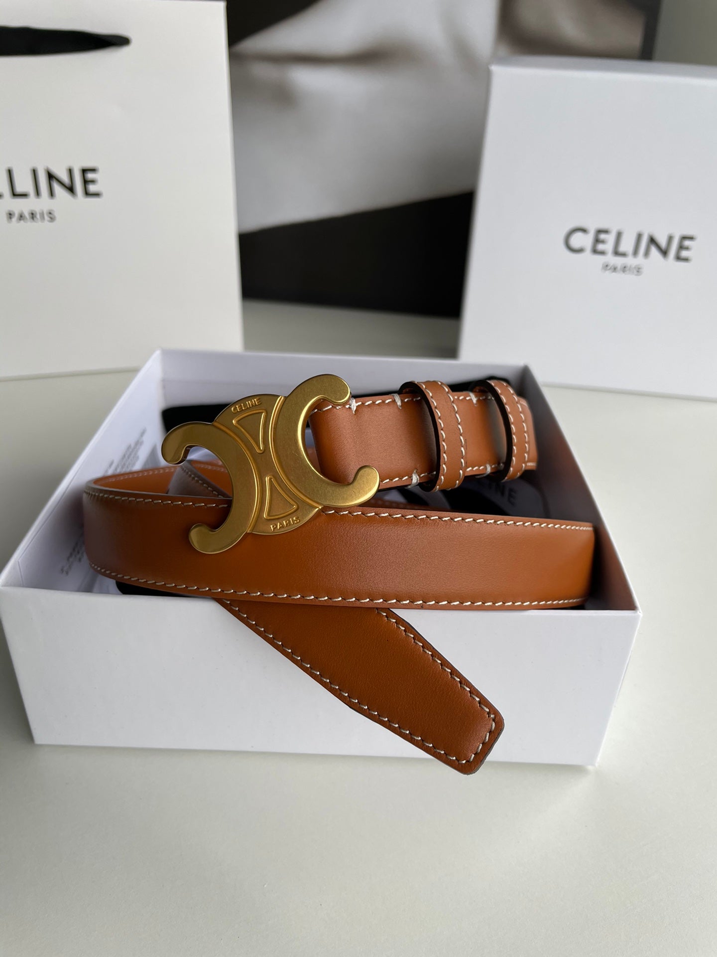 Triomphe Medium 2.5cm Brown Leather Belt Gold Buckle