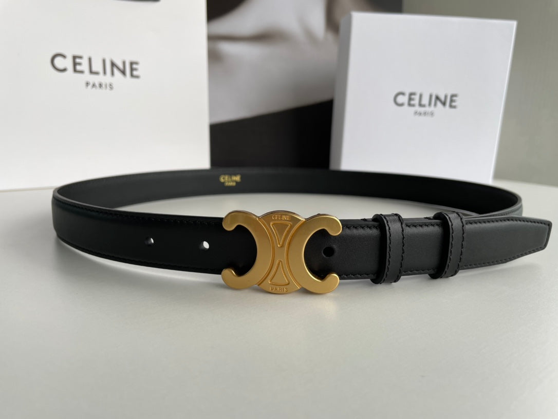 Triomphe Medium 2.5cm Black Leather Belt Gold Buckle