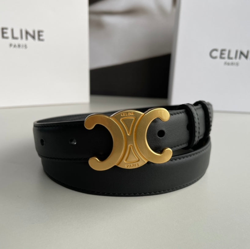 Triomphe Medium 2.5cm Black Leather Belt Gold Buckle