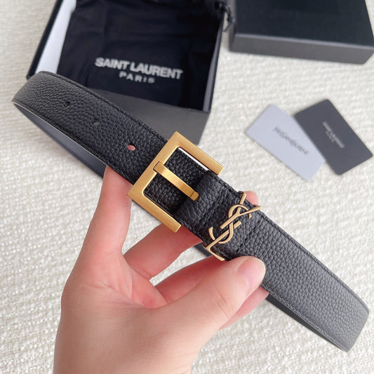 Cassandre 3cm Black Grained Leather Belt Gold Buckle