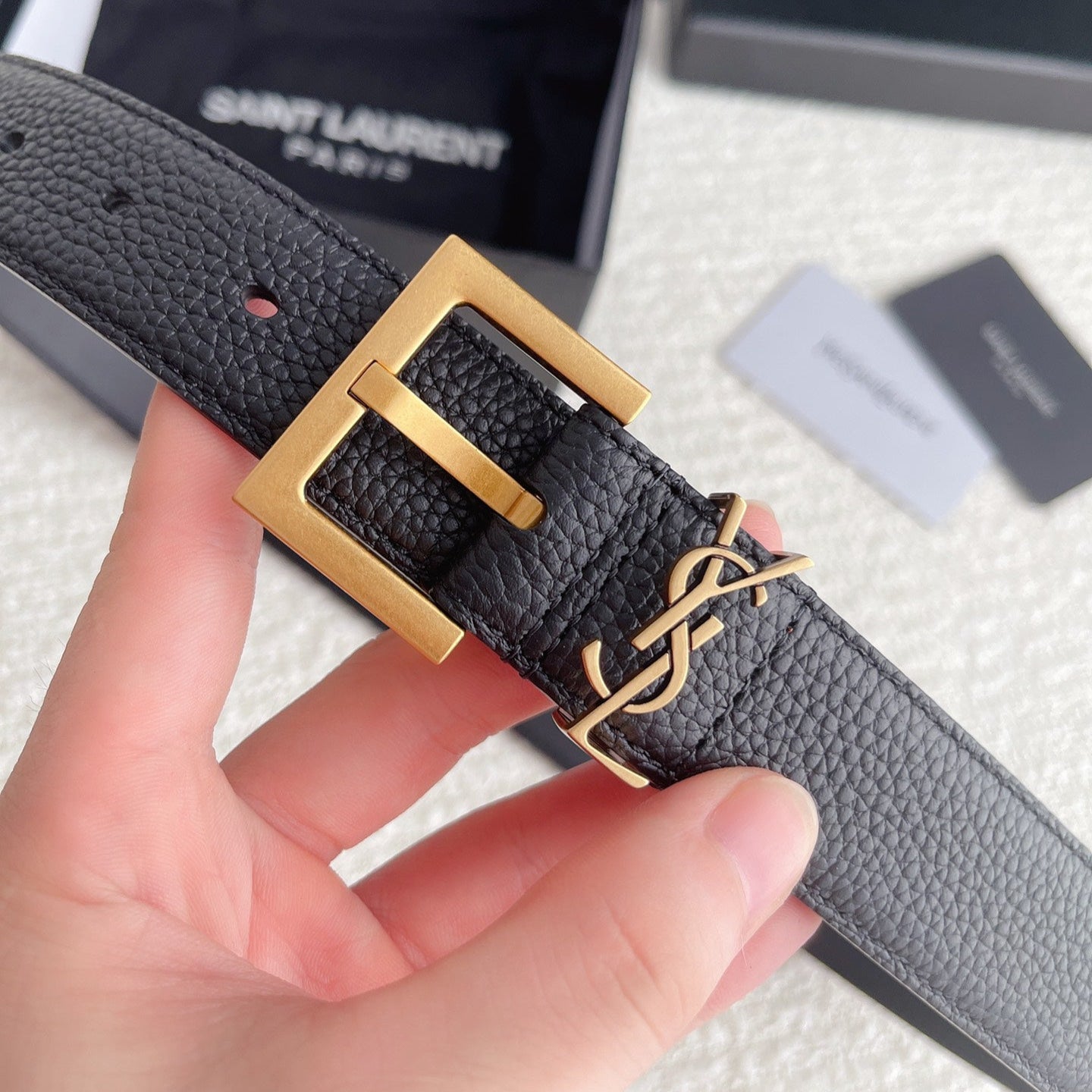 Cassandre 3cm Black Grained Leather Belt Gold Buckle