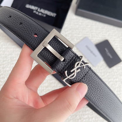 Cassandre 3cm Black Grained Leather Belt Silver Buckle