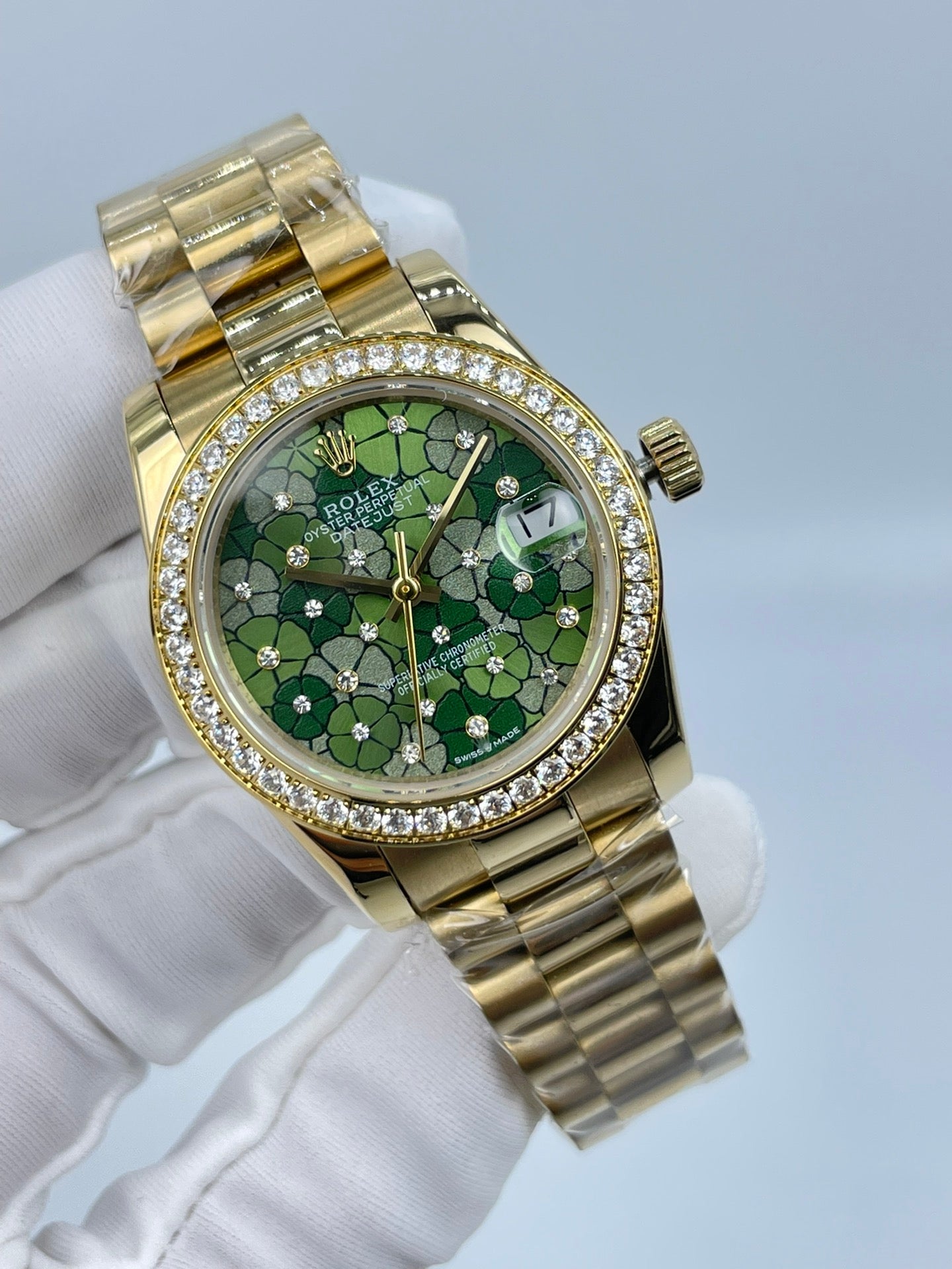 Crystal Bezel Floral Ladies Watch Green & Gold 31mm RLX - Level 3