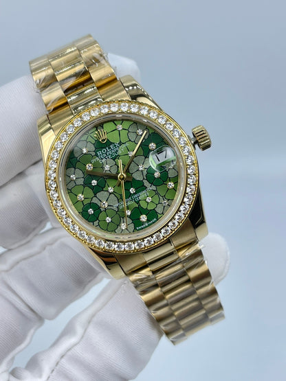 Crystal Bezel Floral Ladies Watch Green & Gold 31mm RLX - Level 3