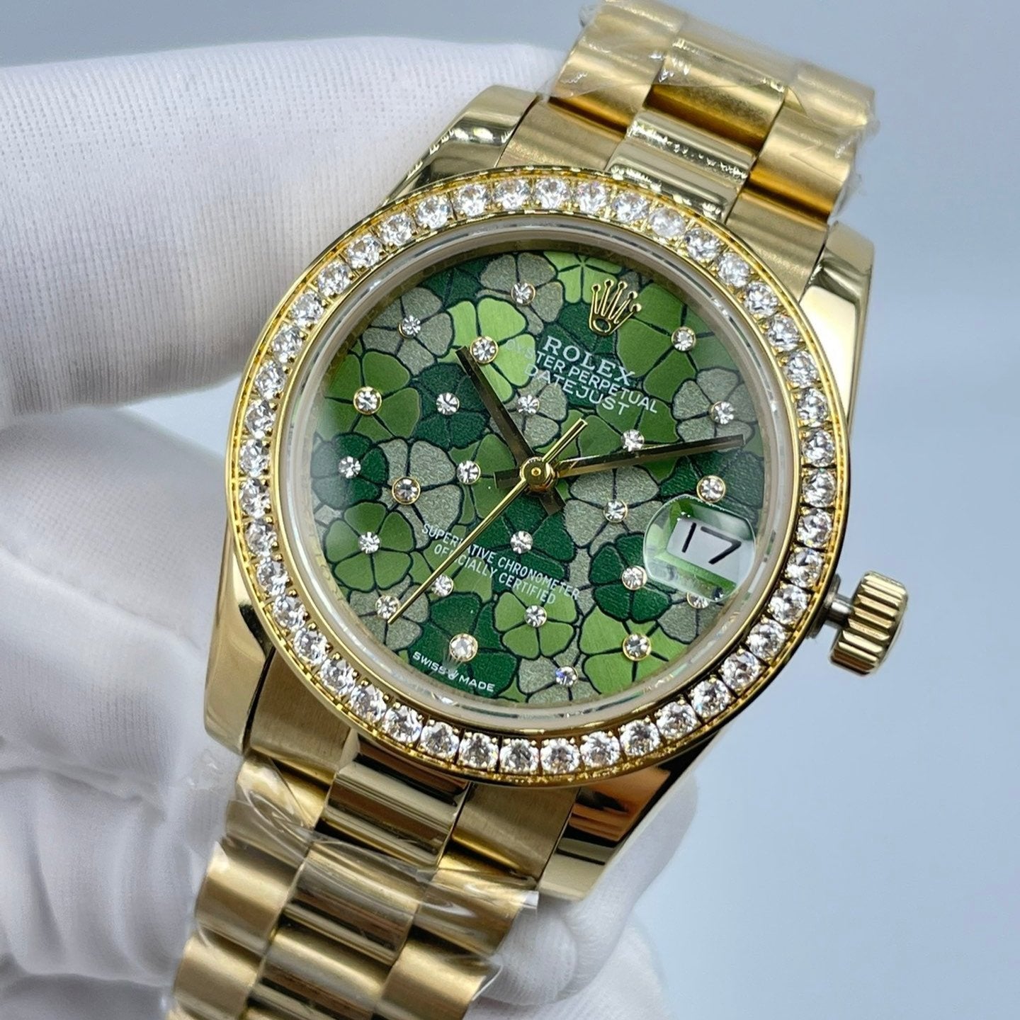 Crystal Bezel Floral Ladies Watch Green & Gold 31mm RLX - Level 3