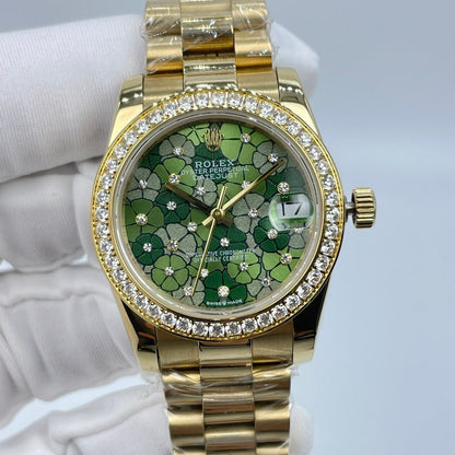 Crystal Bezel Floral Ladies Watch Green & Gold 31mm RLX - Level 3